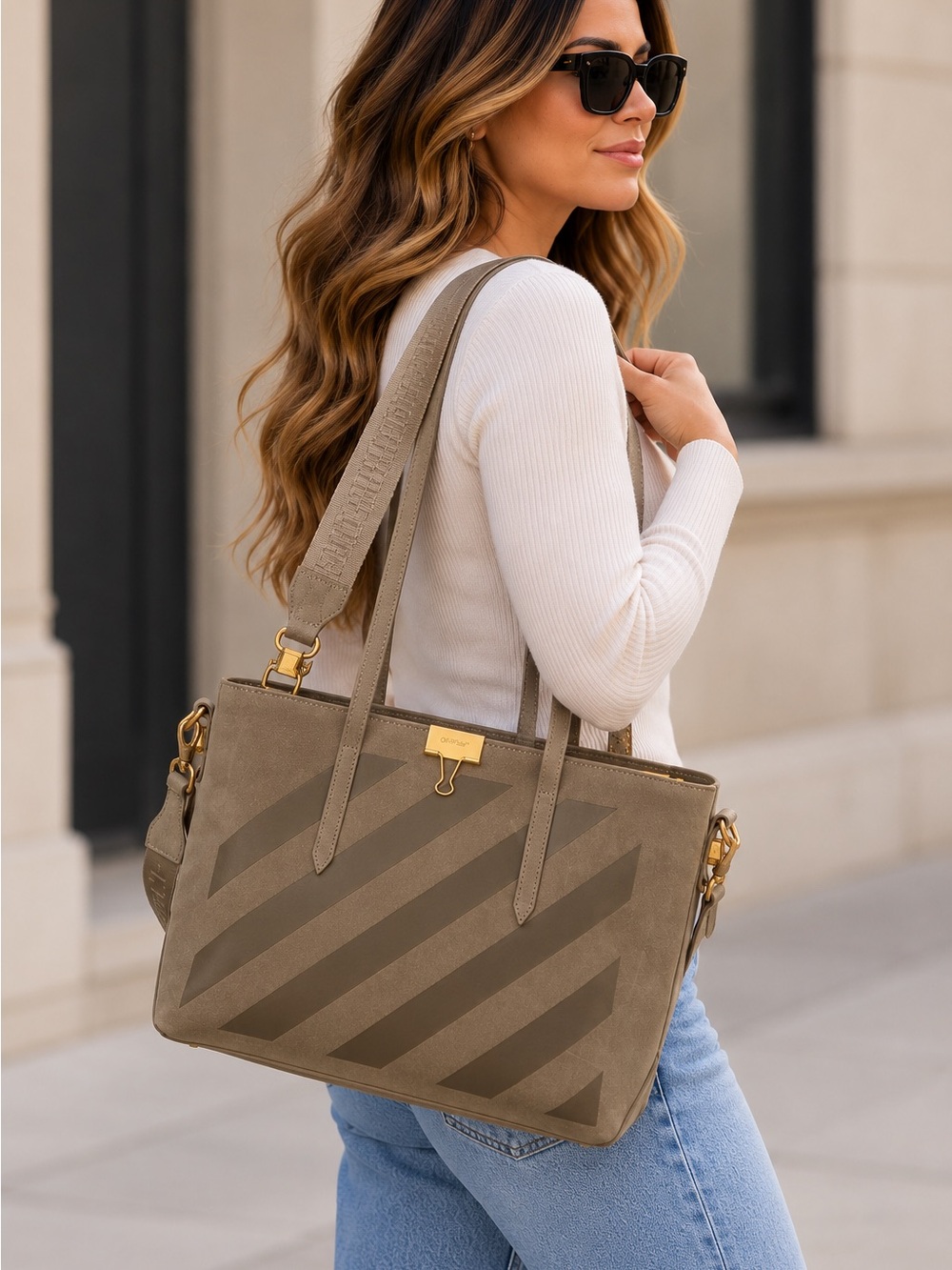 NWT Off-White Diagonal Stripe Grey Suede Tote Shoulder Bag